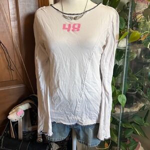 Y2K Puma White Long Sleeve Pink '48' Graphic Print Top Women's M